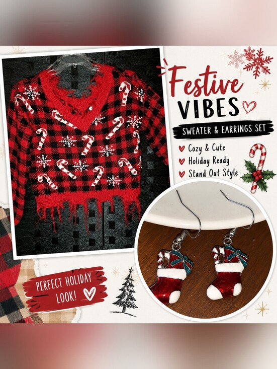 Derek Heart Sweaters - Festive Holiday Bundle Buffalo Plaid Candy Cane Sweater & Stocking Earrings